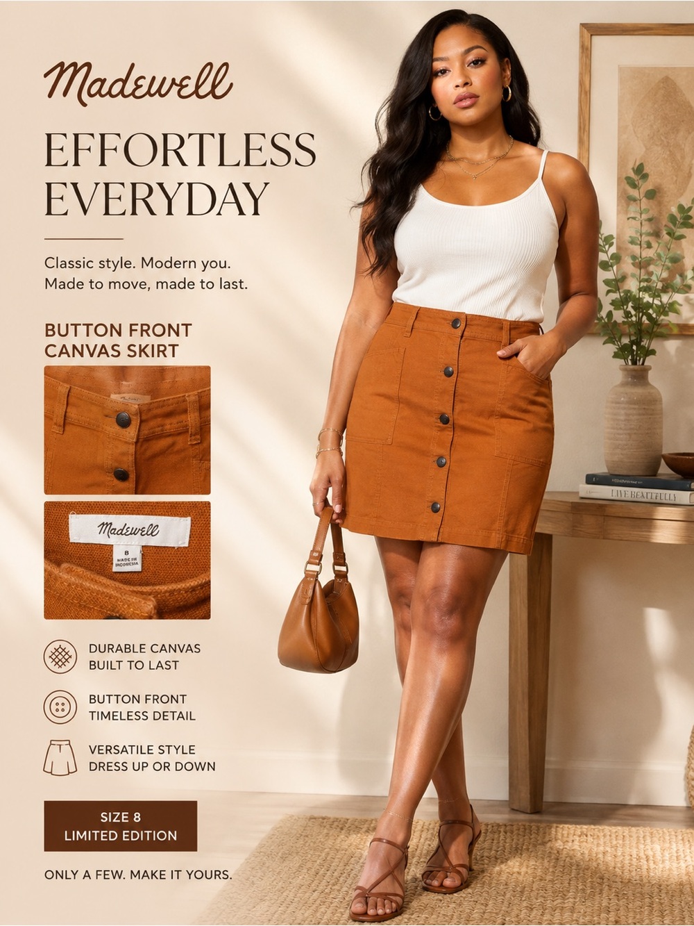 Madewell Rust Orange Button-Front Canvas Mini Skirt